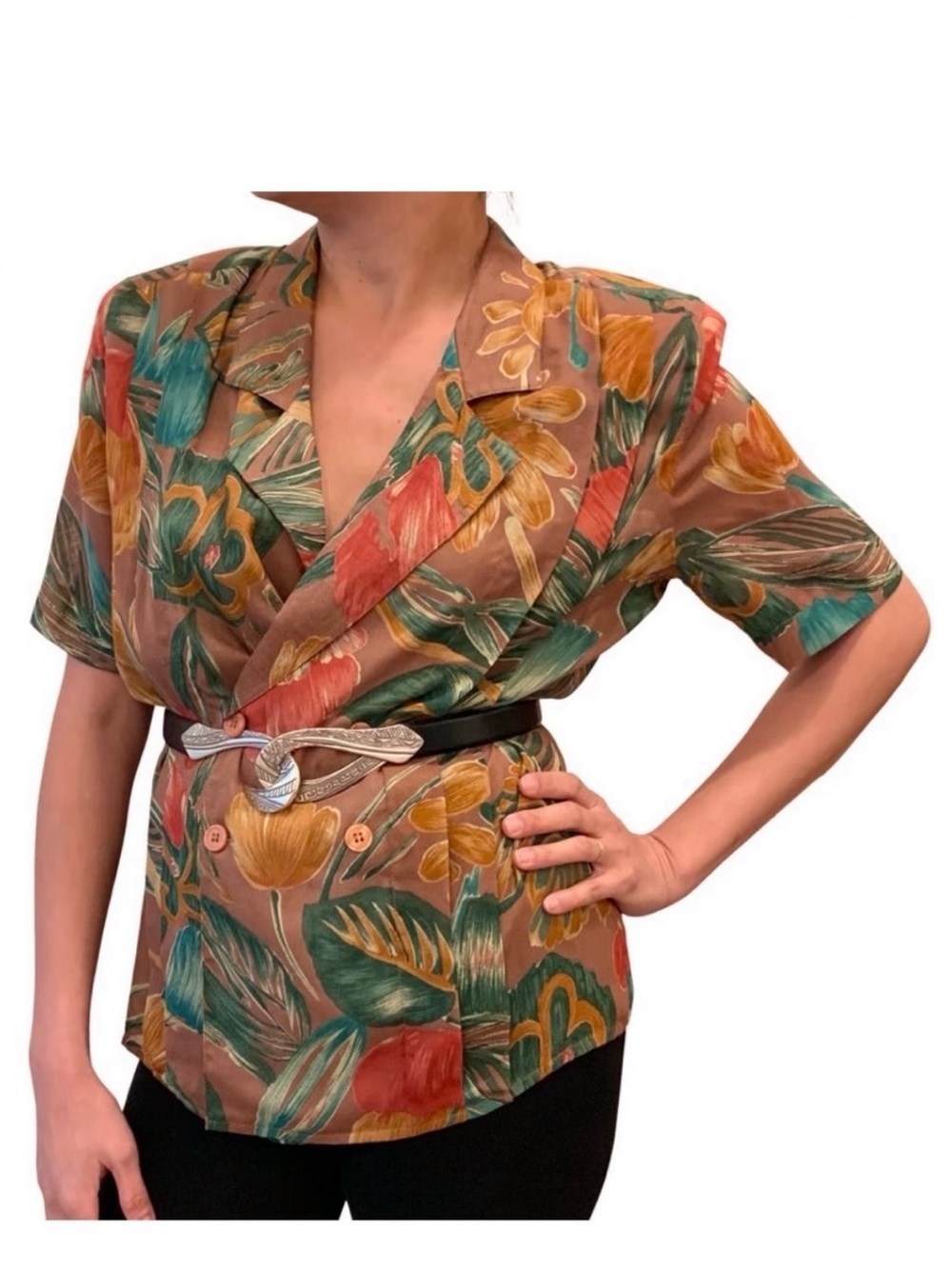 Vintage brown tropical print linen blend short sleeve shirt